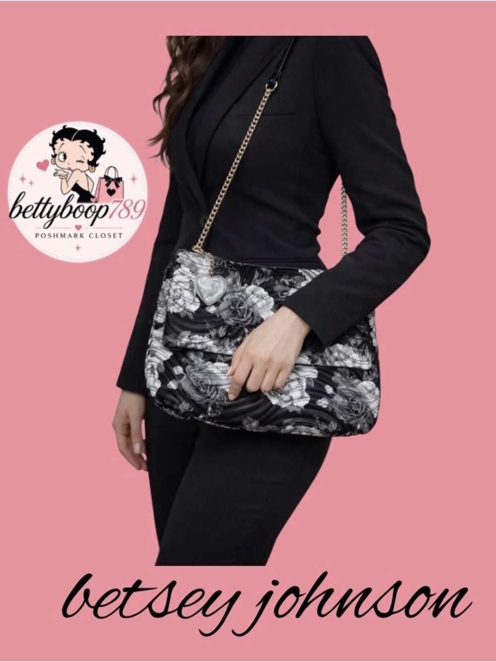 Betsey Johnson Black & White Floral Quilted Crossbody with Heart Charm